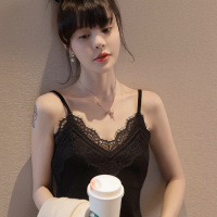 波迷娜(BOMINA)小吊带背心女2021年秋季夏新款外穿内搭黑色性感西装内搭领蕾丝拼接缎面羽毛吊带背心女夏打底外穿潮