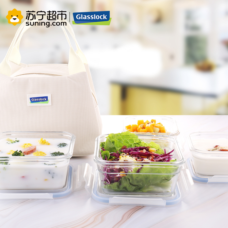 Glasslock韩国进口钢化玻璃保鲜盒四件套900ml*2+405ml*2加厚耐摔饭盒密封防漏便当盒可微波炉加热正方形