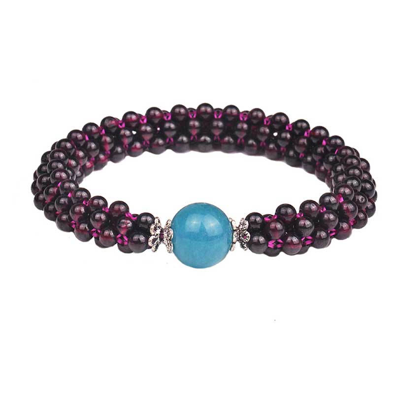 梦克拉 天河石石榴石手链女 多层925银 俏玉容 酒红色