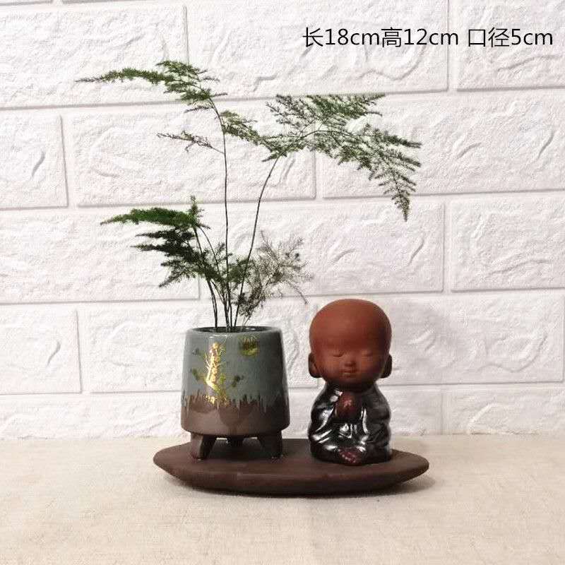 客厅装饰品猪花器摆件花插水培绿植家装饰品笔桶萌物迷你摆件|新品黑衣小和尚盆梅花不带植物