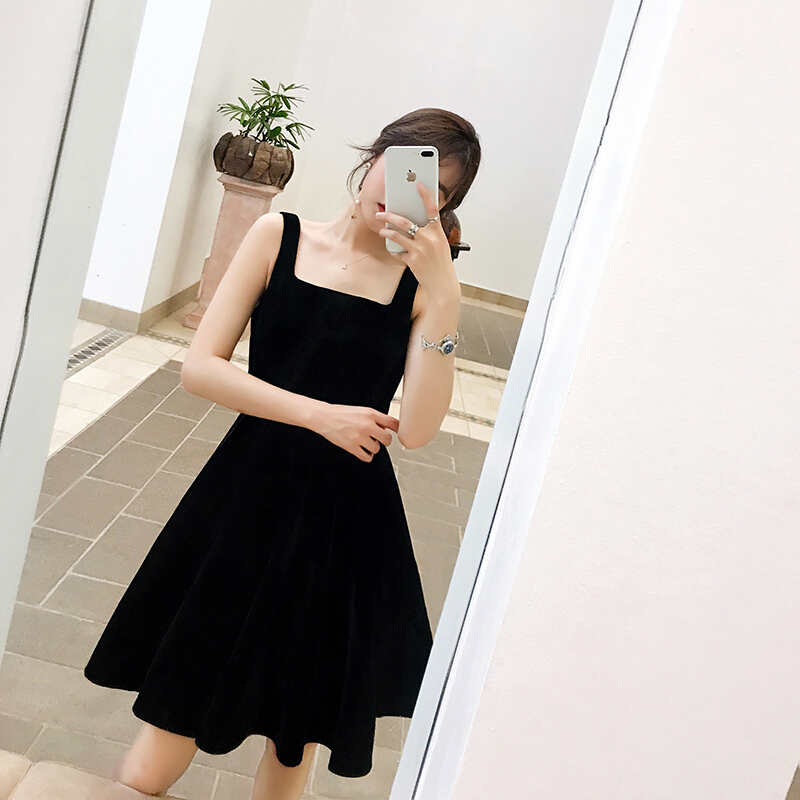 2018新款女装春装丝绒裙子露肩连衣裙女短裙高腰显瘦带小礼服