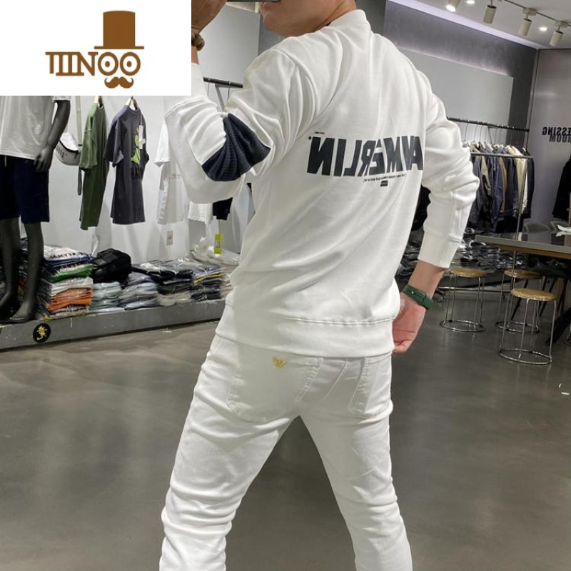 YANXU2023新款字母印花卫衣修身套头圆领长袖打底衫帅气上衣外套男高清大图