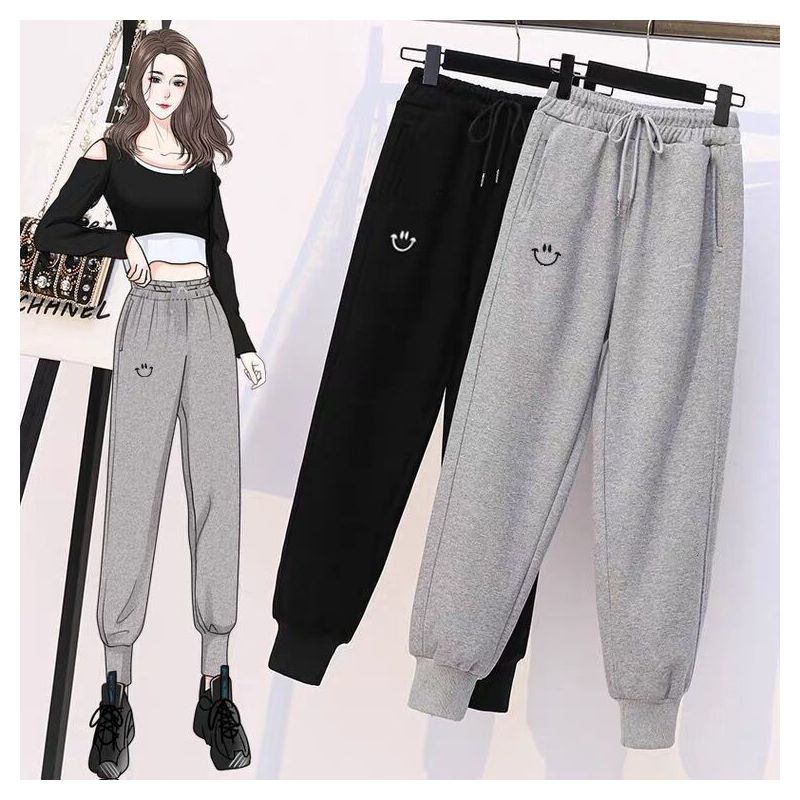 运动裤女秋冬季加绒加厚宽松大码束脚显瘦胖mm休闲保暖哈伦卫裤女