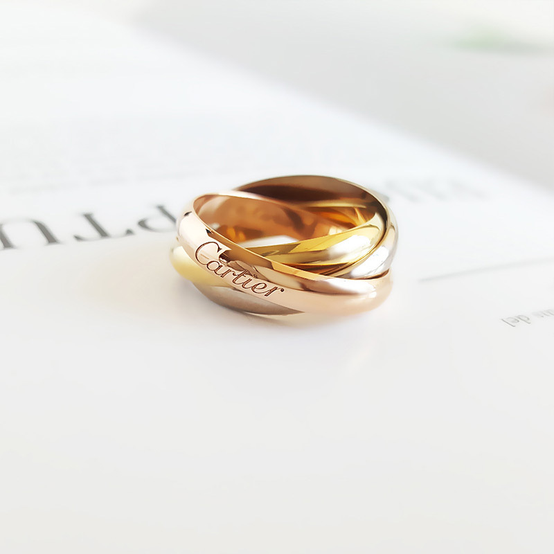 正品卡地亚cartier中号款18k三色金三环trinity戒指56号卡地亚三换