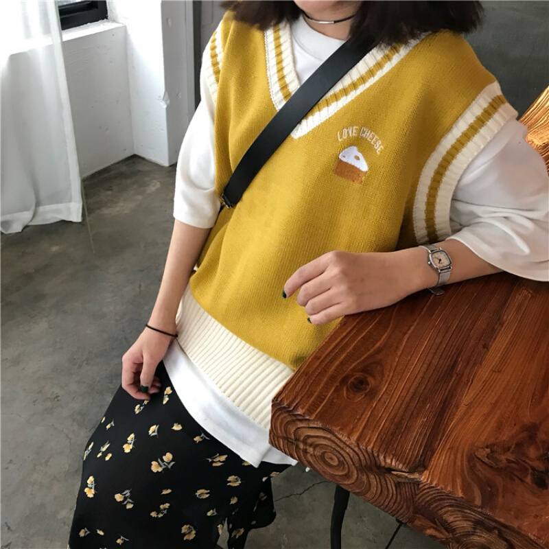 春夏女装韩版宽松撞色条纹V领刺绣针织衫毛衣无袖马甲背心上衣潮黑色均码
