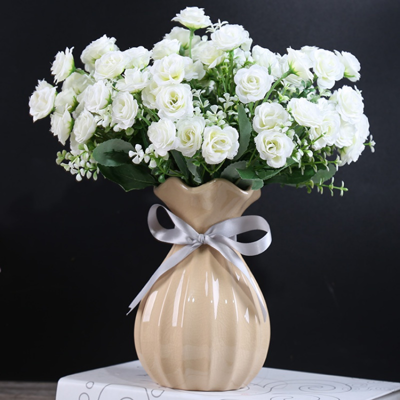 简约陶瓷波浪口花瓶小清新干花花器客厅桌面卧室插花家居装饰摆件 三维工匠 米黄冰裂纹大号+5束钻石奶白