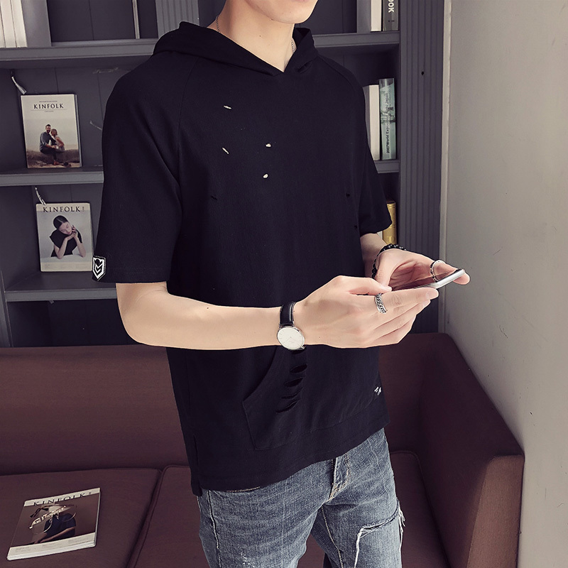 2018夏季年轻破洞短袖T恤男青年韩版连帽国潮型师休闲宽松服装