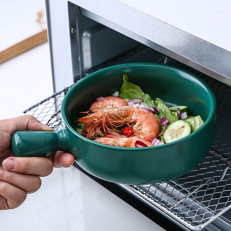 焗饭碗北欧风带柄烘焙烤碗意大利面盘子家用陶瓷餐具汤面碗沙拉碗 手柄碗-盖子