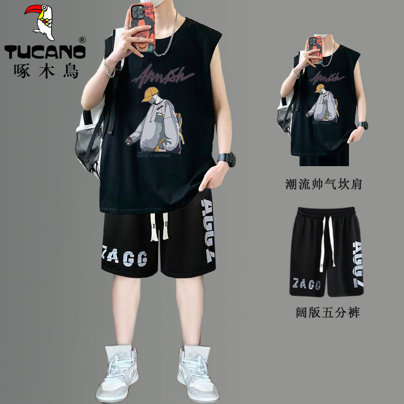 啄木鸟新款夏季纯棉背心坎肩男孩无袖T恤青少年学生潮流帅气套夏高清大图