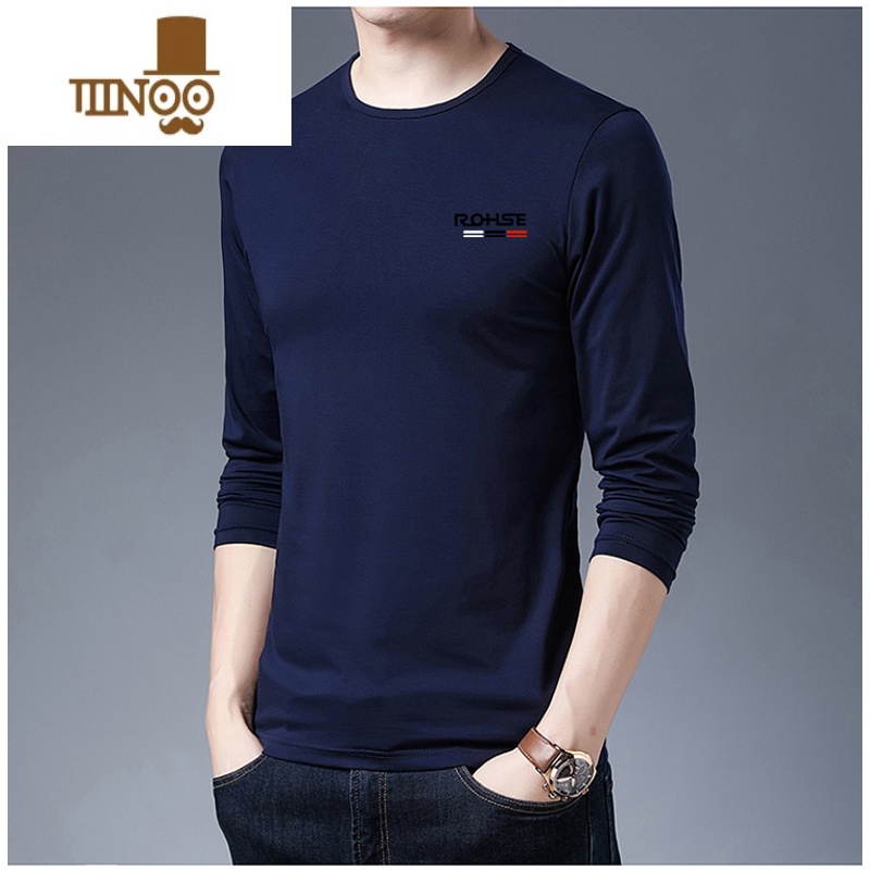 YANXU2023新款中年男士圆领长袖T恤宽松上衣服男装体恤打底衫 170/L建议115-135斤 505-藏青