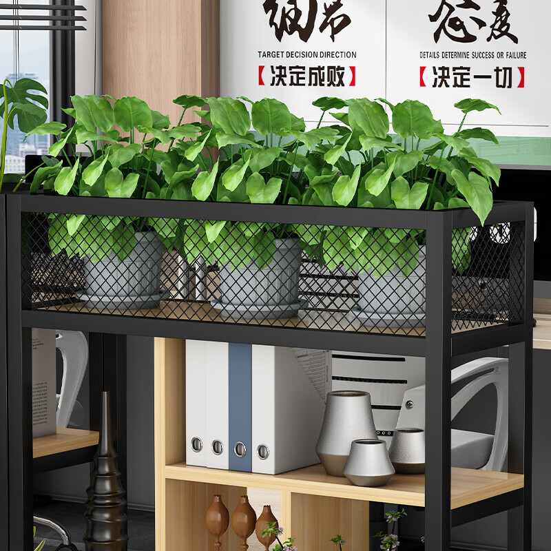 锦北铁艺置物架绿植花架隔断收纳架办公室装饰架长100cm黑架+柚木色高清大图