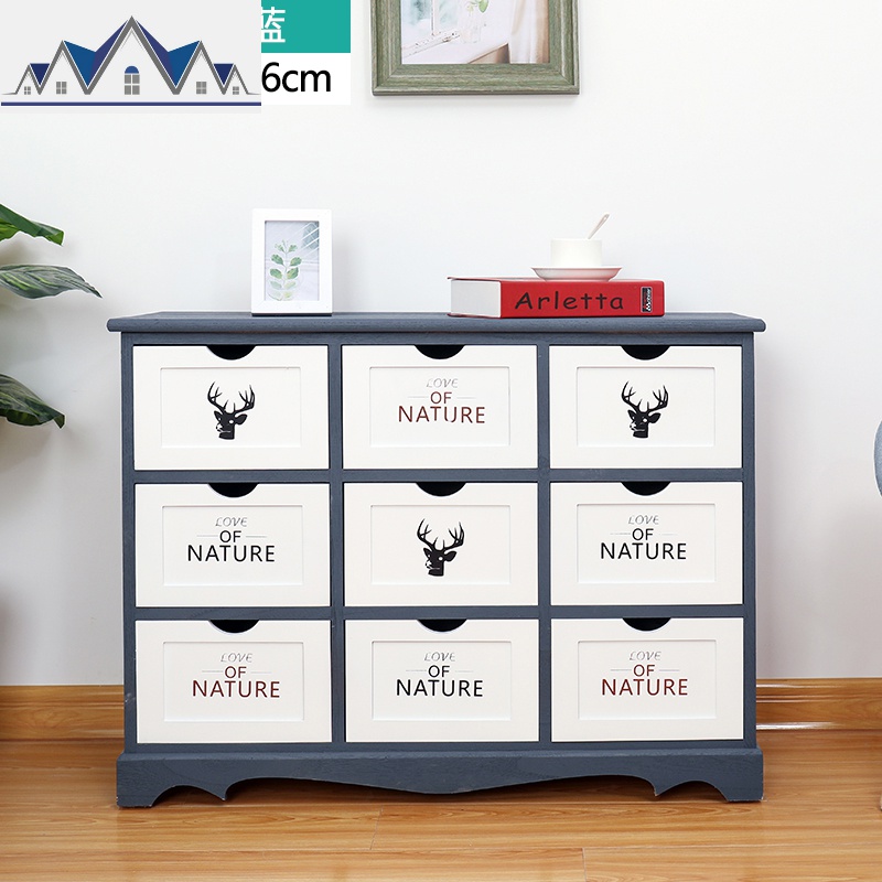 实木抽屉式收纳柜夹缝储物小柜子卧室床头柜玩具整理柜多层五斗柜 三维工匠 九斗复古蓝90*30*66cm整装