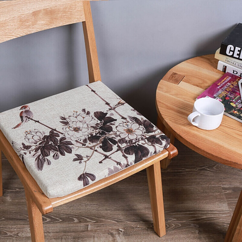 中式水墨荷花四季方形坐垫棉麻餐椅垫办公室太师椅子座垫子可定做