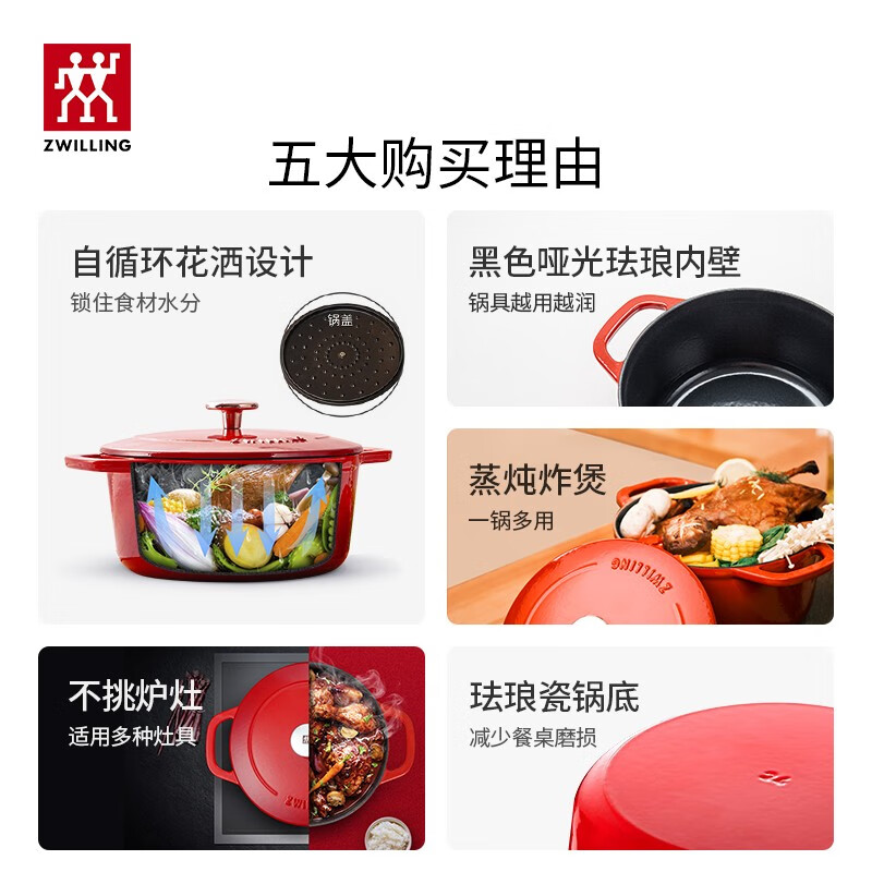 双立人(ZWILLING)珐琅锅汤锅炖锅平底锅铸铁锅双耳煲汤锅辅食锅锅具电磁炉燃气通用 20cm红色40501-463高清大图