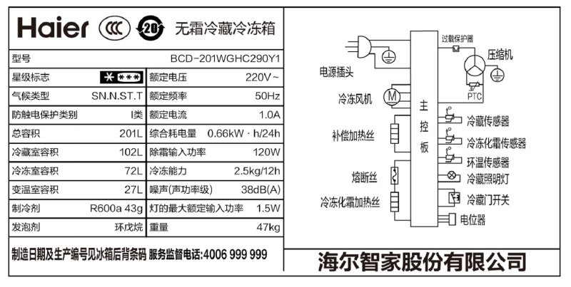 海尔(Haier)201升两门冰箱 时尚彩晶面板 黑金净味 两档变温抽屉 租房小冰箱 BCD-201WGHC290Y1高清大图