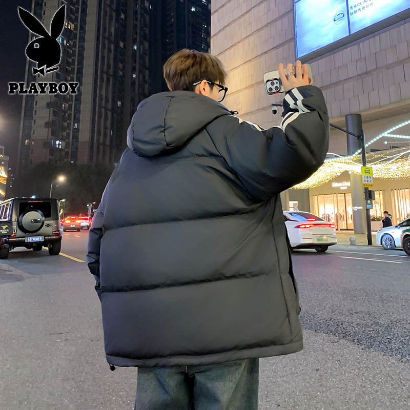 花花公子新款冬季羽绒开衫外套压花连帽不可脱卸羽绒服刺锈撞色男_519高清大图