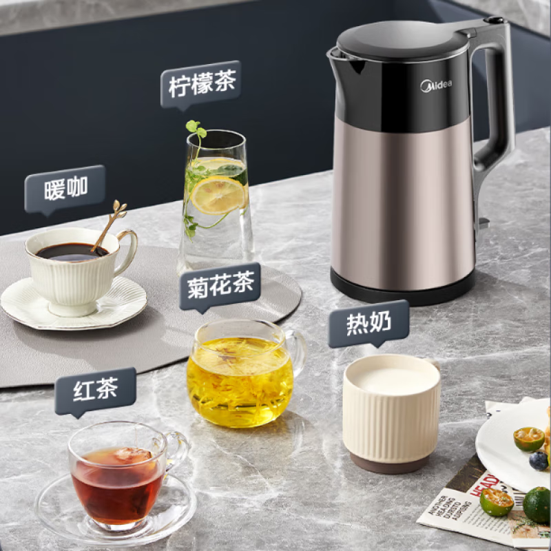 美的(Midea)电热水壶烧水壶无缝全钢食品级不锈钢双层防烫自动断电烧开水壶 1.7L MK-HJ1710高清大图