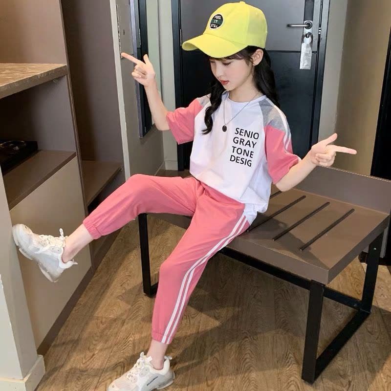 棉女童套装夏装新款韩版中大童洋气休闲时尚短袖运动两件套图片