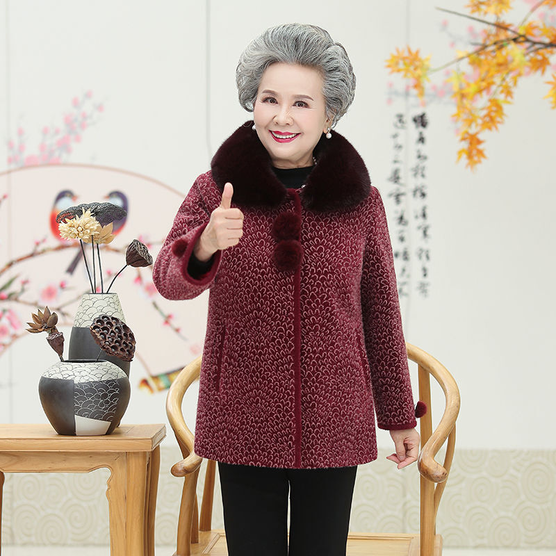 迪鲁奥（DILUAO)高端轻奢奶奶绒外套女奶奶装冬装中长款绒外套妈妈装呢子大衣宽松老年人女 5XL(建议145-160斤) 红色(上衣)