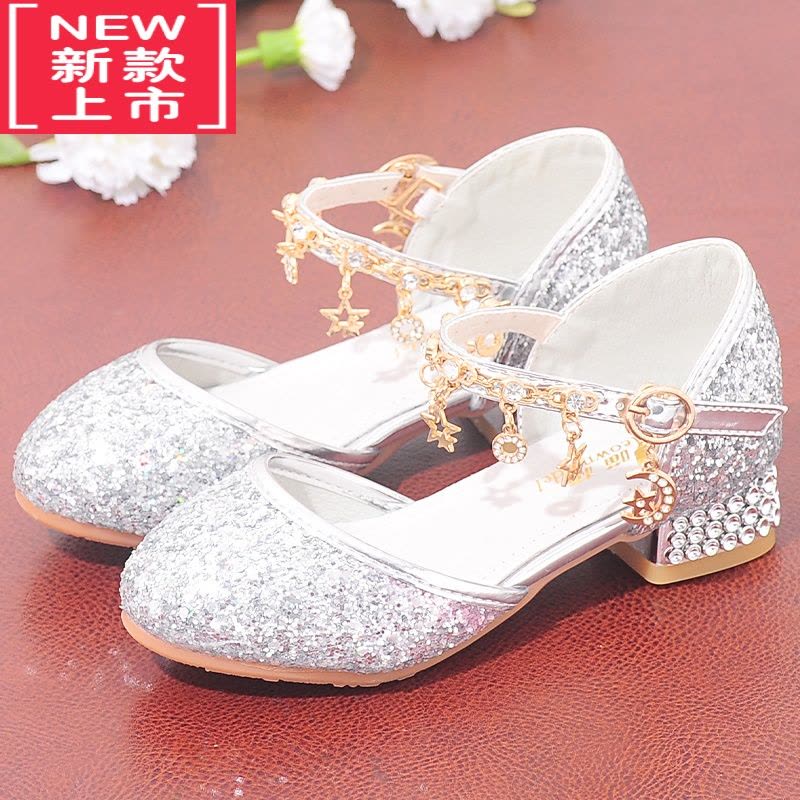 可莉允洋气儿童公主鞋水晶鞋女童高跟鞋软底小学生礼服舞蹈皮鞋银色带钻运动休闲鞋图片