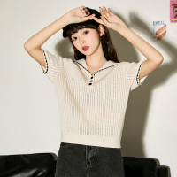 唐狮春夏季女2024新款针织衫短袖T恤圆领修身短款蝴蝶结毛衣cz_63615 M B款/米白