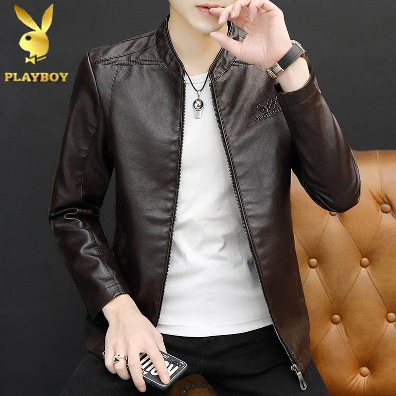 花花公子男士皮衣春秋季修身薄款韩版立领皮夹克外套男装机车服潮图片