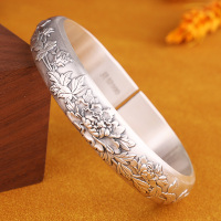 花开富贵银手镯女999纯银马蹄镯牡丹花复古实心开口民族风银镯银 60#圈口128克