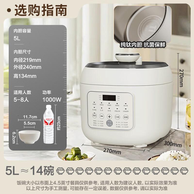 荣事达(Royalstar)电高压锅0涂层电压力锅钛釜更电压锅80kPa开盖煮多功能预约5L大容量