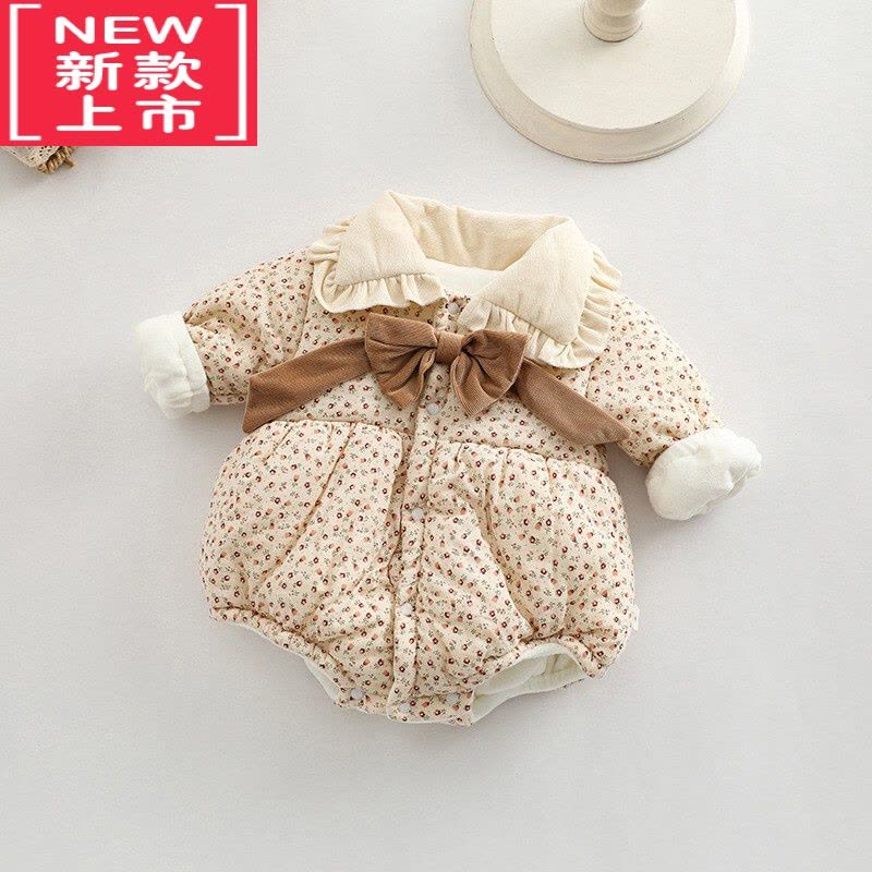 可莉允韩版冬季婴儿衣服女宝宝夹棉加厚冬款棉服超萌包屁碎花蝴蝶结哈衣图片