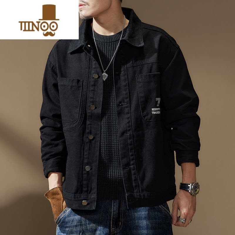 YANXU高端美式黑色工装夹克男新款宽松衬衫休闲牛仔猎装外套男图片