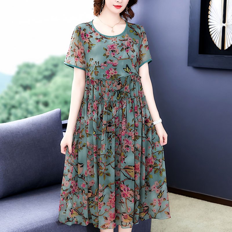 魅言魅语(MeiYanMeiYu)雪纺连衣裙2021夏季加胖大码中老年女装时尚印花遮肚显瘦连衣裙妈妈装