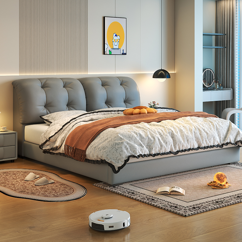 意式极简真皮床轻奢家用高级感主卧室带储物软包大床网红泡芙婚床高清大图