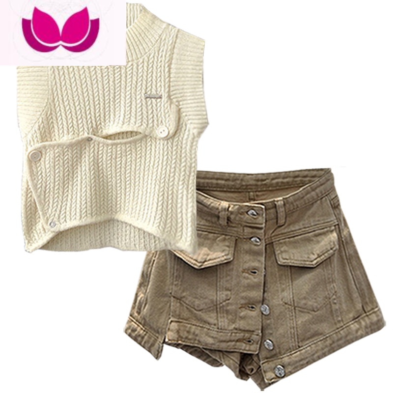 七斓设计感甜辣风减龄套装女夏短款背心无袖针织衫牛仔半身裙裤套高清大图