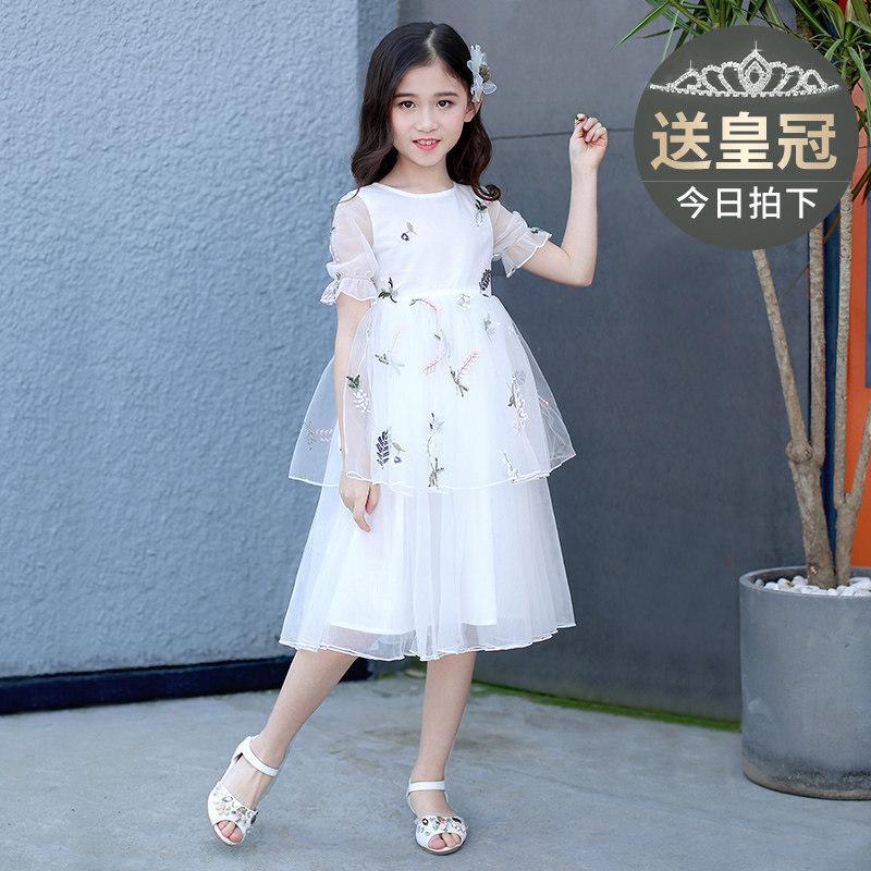 女童夏装连衣裙2018新款夏季儿童装礼服大童洋气公主裙小女孩裙子白色[现在拍下送公主皇冠]