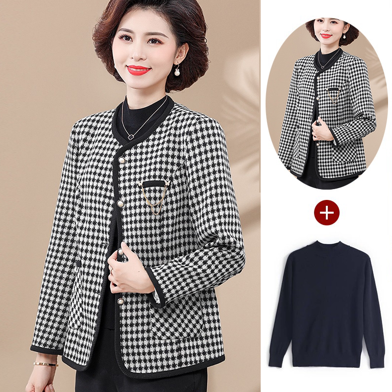 恒源祥小香风妈妈秋装千鸟格外套2024新款中老年女装春秋夹克上衣 L建议100斤内 白色+黑色打底衫