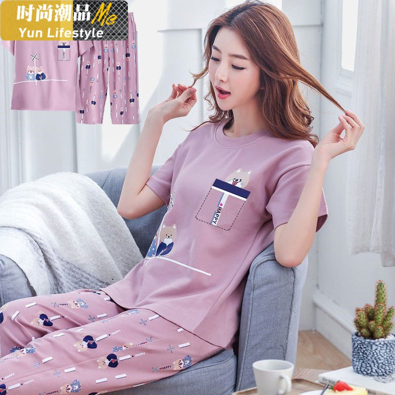 YUNWUXIN睡衣女夏季棉短袖七分裤夏天女士套装可外穿韩版可爱家居服薄款睡衣