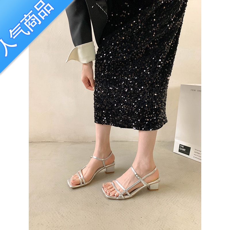 SUNTEK粗跟高跟鞋罗马凉鞋子女款夏季新款法式仙女风女士一字带时装凉鞋高清大图