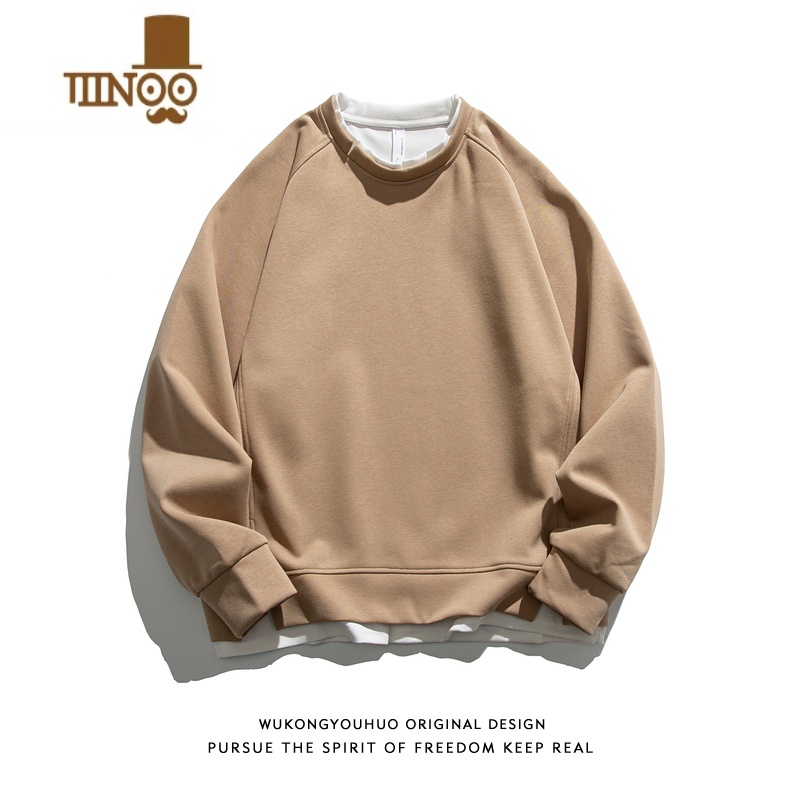 YANXU潮牌复古纯色假拼接圆领卫衣男街头宽松潮流百搭上纯高清大图