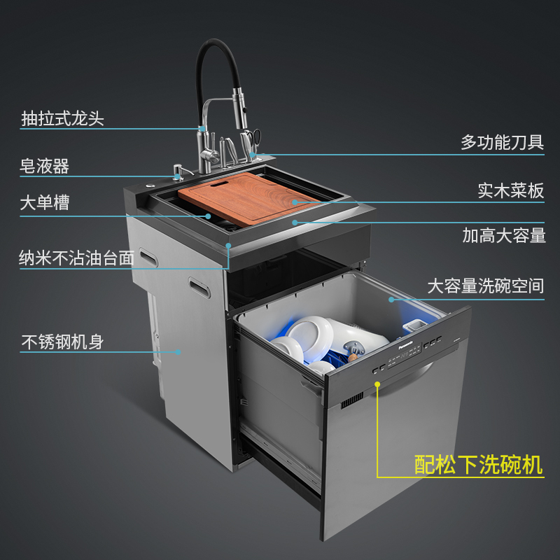 X12双槽水触媒1050尺寸 家用集成水槽洗碗机 深灰纳米烤漆工艺 不沾油污 抽拉式洗碗机 配洗杯器高清大图