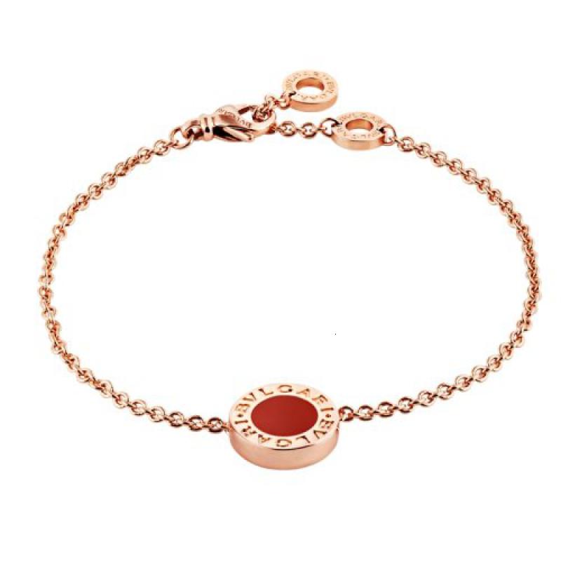 宝格丽bvlgari系列 经典款双面圆形18k金玫瑰金镶白贝母和红玉髓 手链