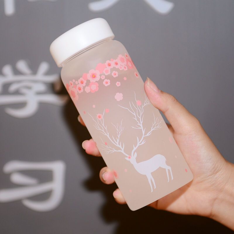 韩版创意樱花磨砂玻璃杯便携可爱女学生水杯韩国水瓶清新随行杯子 透明麋鹿 单杯