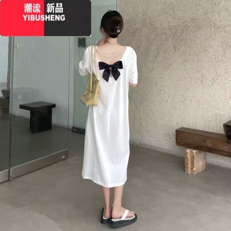 YIBUSHENG胖mm大码200斤露背T恤长裙2024季宽松遮肚蝴蝶结过膝连衣裙女
