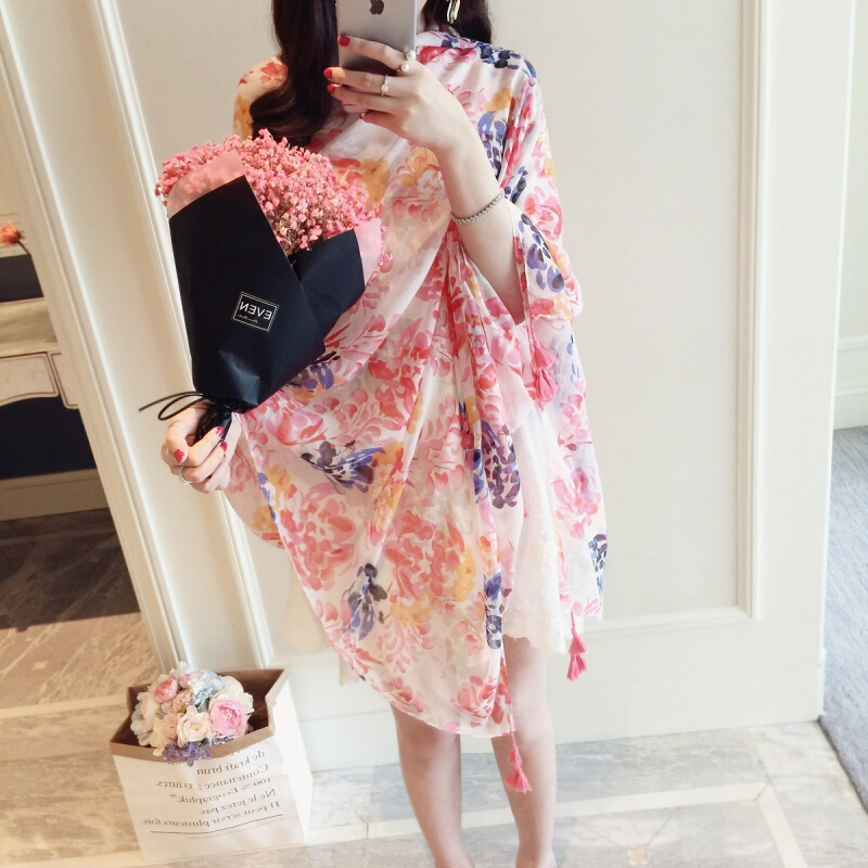 夏季棉麻田园风旅游度假防晒围巾碎花披肩纱巾丝巾沙滩巾女 清新碎花