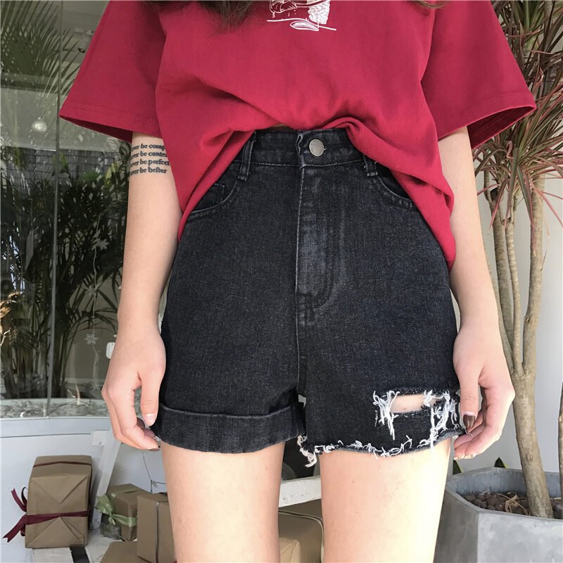 夏装韩版宽松水洗做旧破洞直筒裤复古显瘦高腰牛仔裤女短裤潮