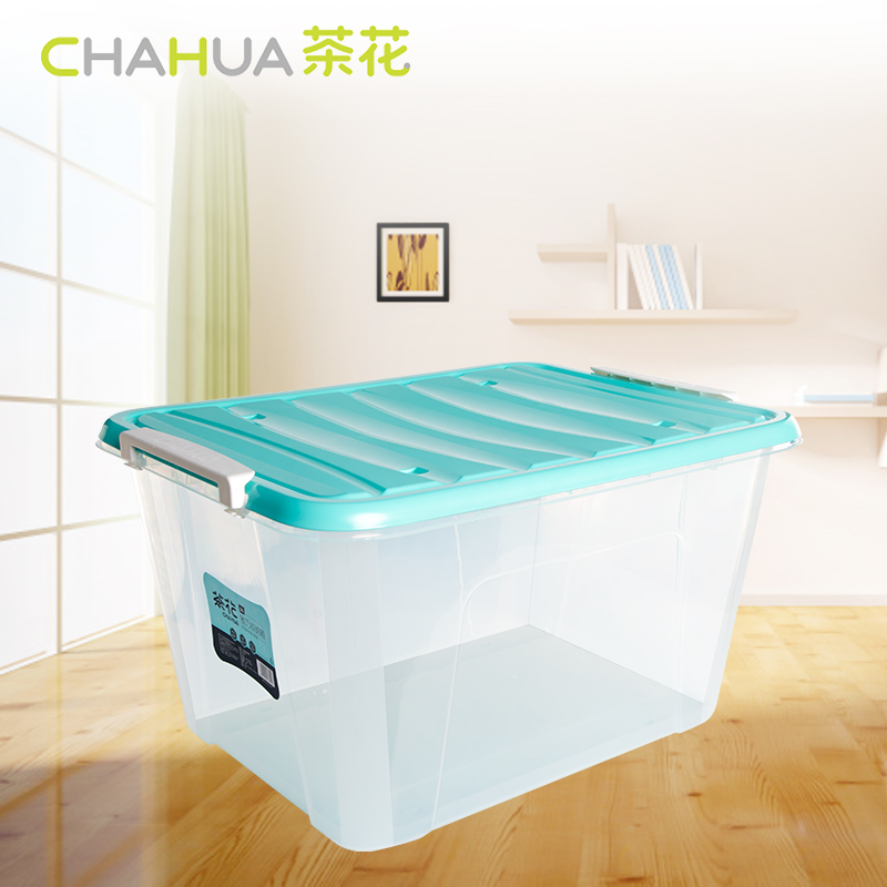 茶花58L收纳箱大号家用塑料有盖储物加厚特大号衣服透明收纳盒整理箱颜色随机高清大图