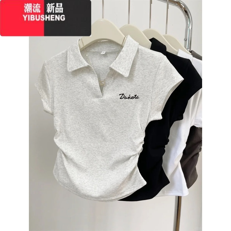 YIBUSHENG复古chic正肩短袖T恤女Polo领2024季新款设计感学院显瘦短上衣