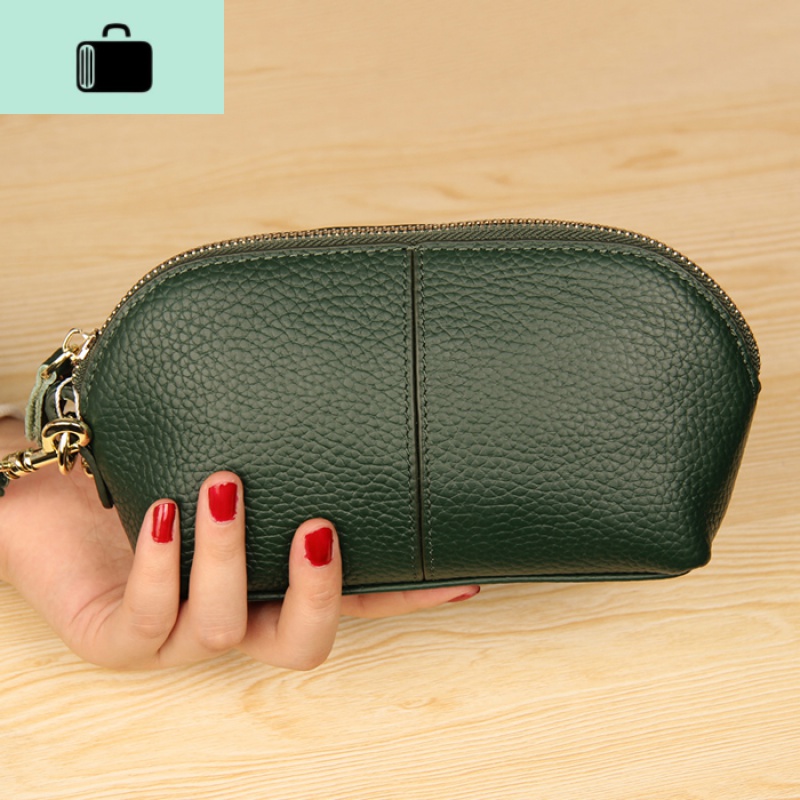 手拿包女小包简约中老年妈妈牛皮软皮皮钱包长款多功能可放手机NEW LAKE 墨绿色