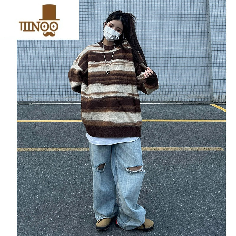 YANXUhiphop潮牌美式嘻哈hiphop条纹毛线衣复古男女休闲宽松毛衣冬