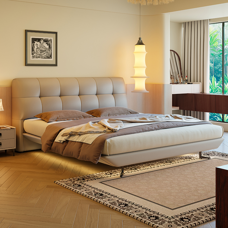 意式真皮床轻奢现代简约双人床主卧室黑色婚床家用软包实木储物床高清大图