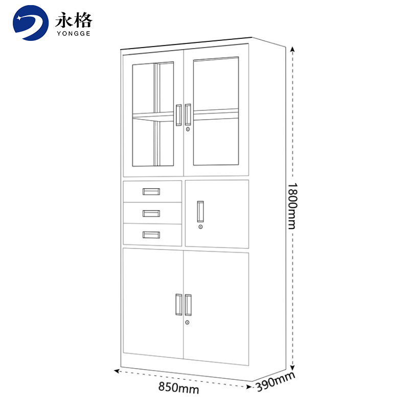 永格财务室文件柜铁皮柜档案办公资料柜子钢制储物柜带锁偏三抽